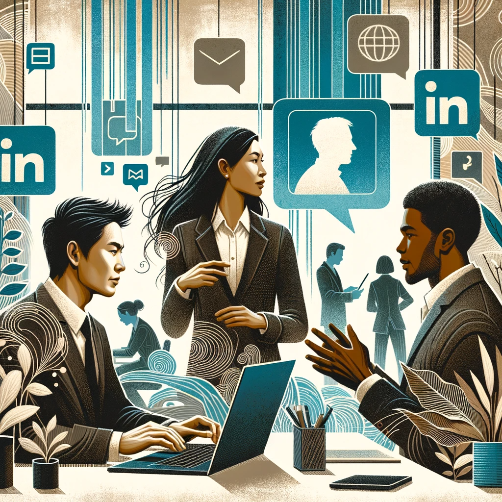 Diverse professionals collaborate at a desk and via a video call, surrounded by plants. Subtle LinkedIn logos hint at the platform's role in their digital-physical connection.