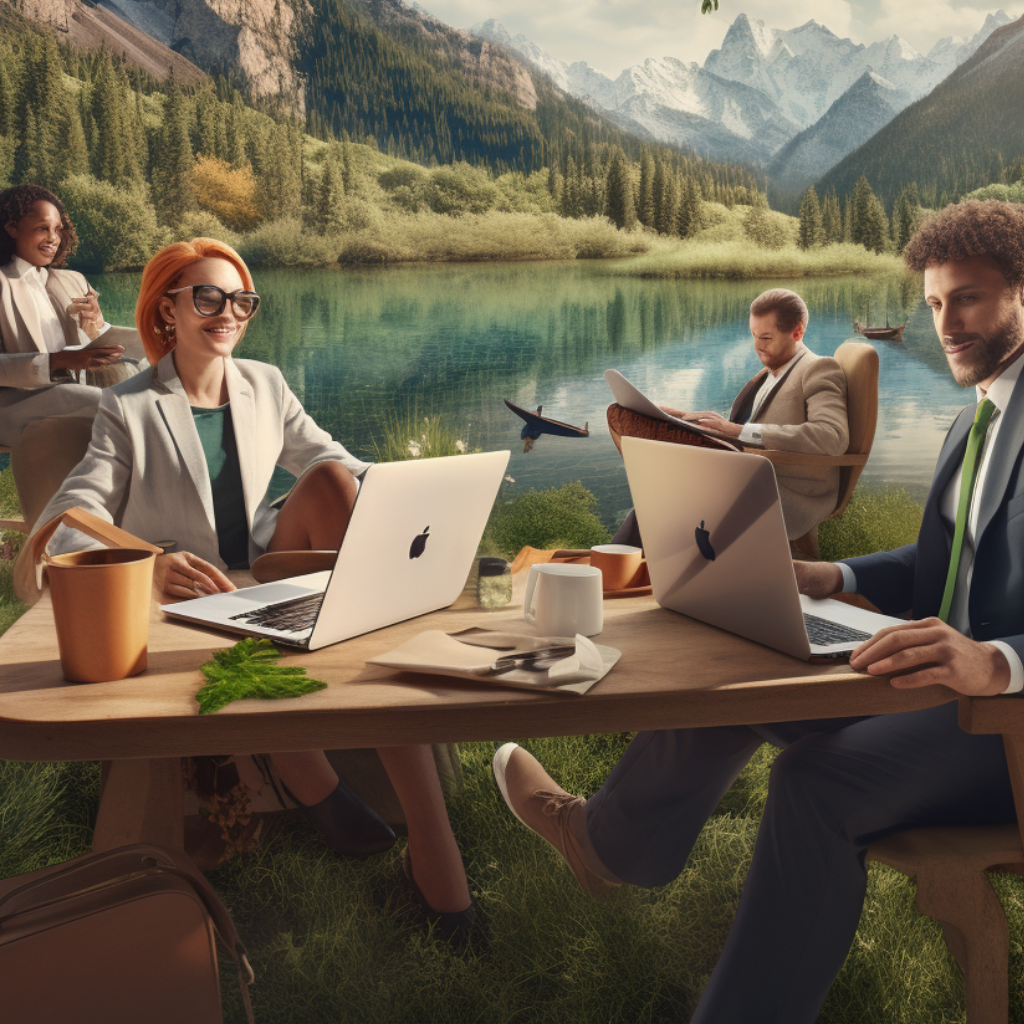 LinkedIn professionals networking in serene outdoor setting, highlighting digital connections and effective networking  in nature