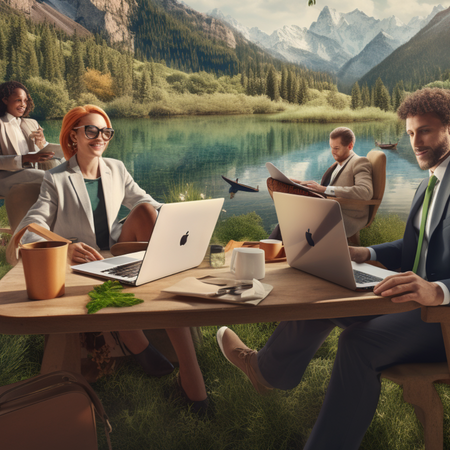 LinkedIn professionals networking in serene outdoor setting, highlighting digital connections and effective networking  in nature