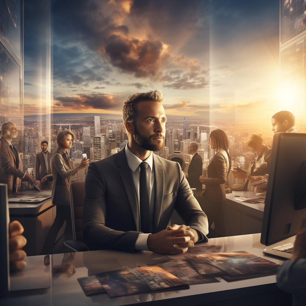 Confident businessman in a modern office setting with colleagues discussing LinkedIn Networking Tactical Strategies in the background, overlooking a panoramic cityscape at sunset.