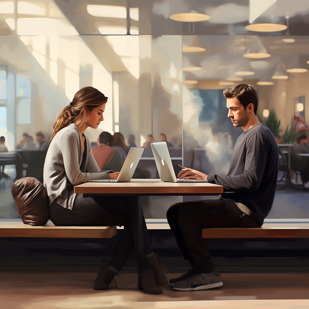 Youthful man and woman working intently on LinkedIn networking on laptops making money online selling services in a modern co-working space, symbolizing dedication and collaboration in the digital age.